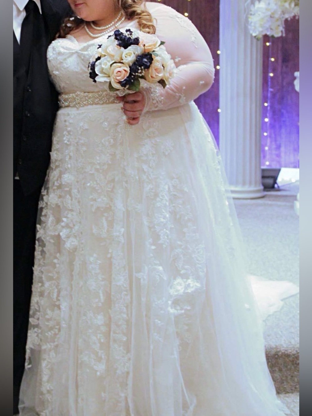 Plus Size 26W Petite Champagne Blush Lace Wedding Dress with Beaded Ribbon